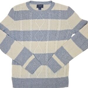 Chaps Women Cable Knit Stripe Grey Cream Sweater Crew Neck Small Preppy Academia